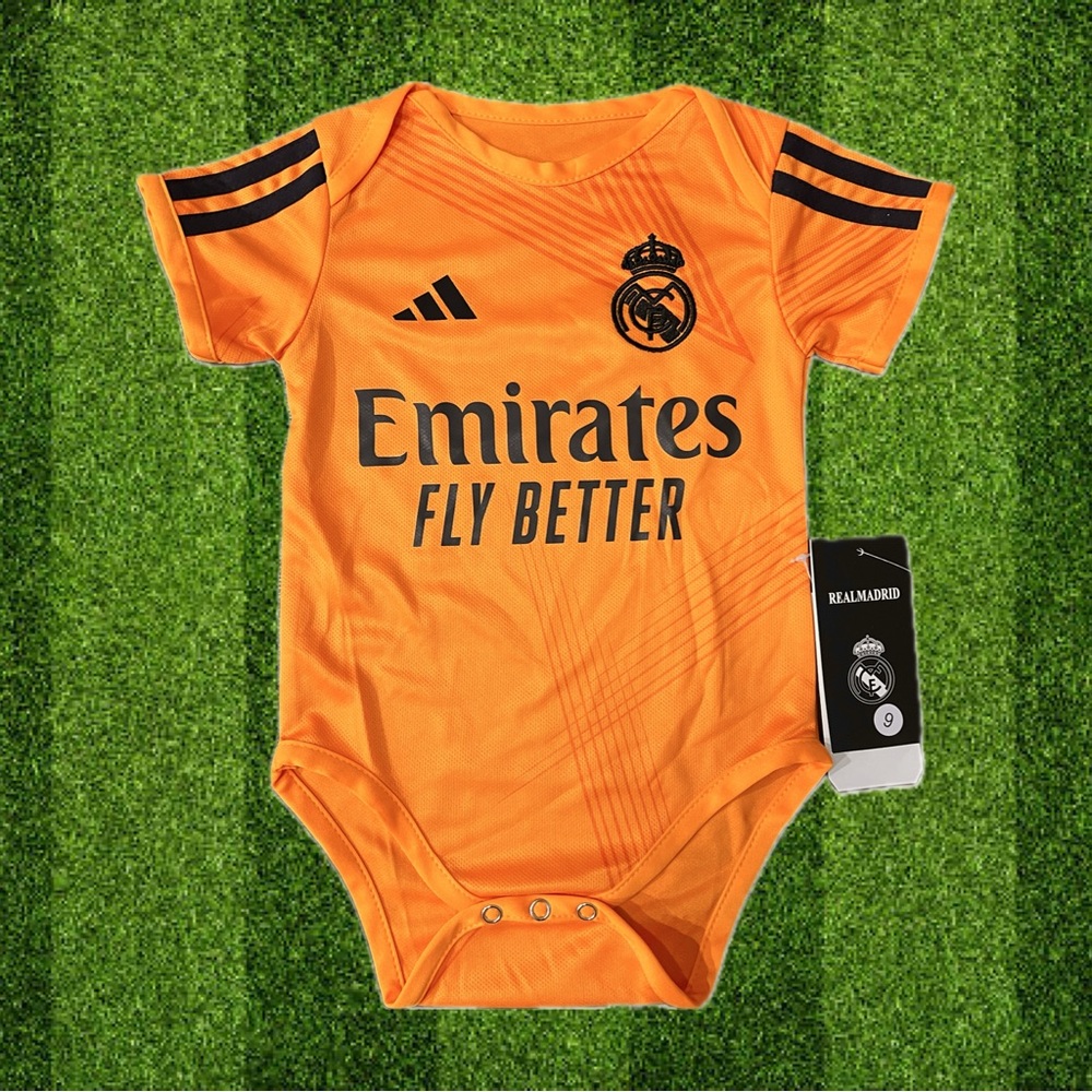 Real Madrid Orange and Black Bodysuit with Soccer Jersey Design baby onesie